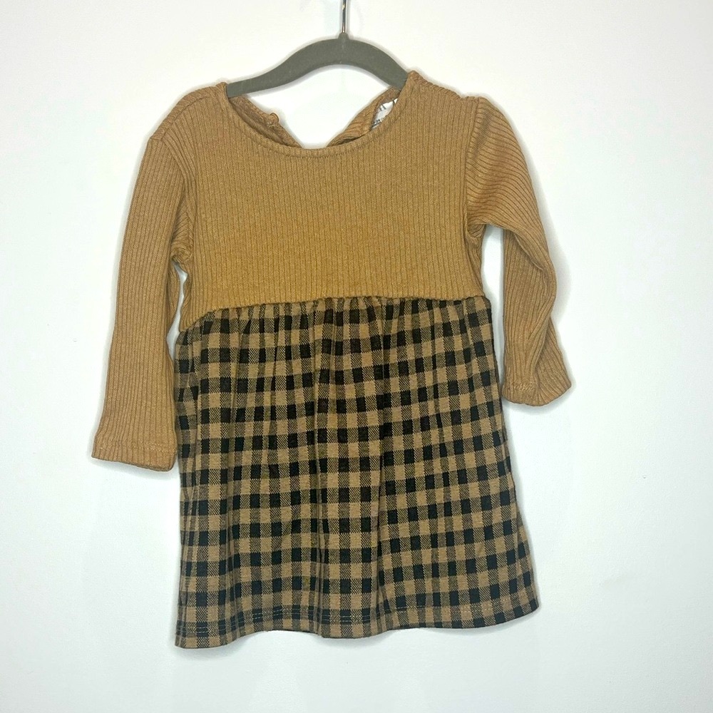 Tan and Black Plaid Long Sleeve Dress